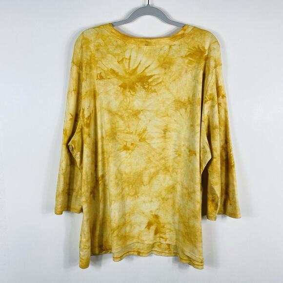 Dressbarn Size 3X Tie Dye Printed Embellished 3/4 Sleeve Henley Top Yellow - Picture 2 of 6